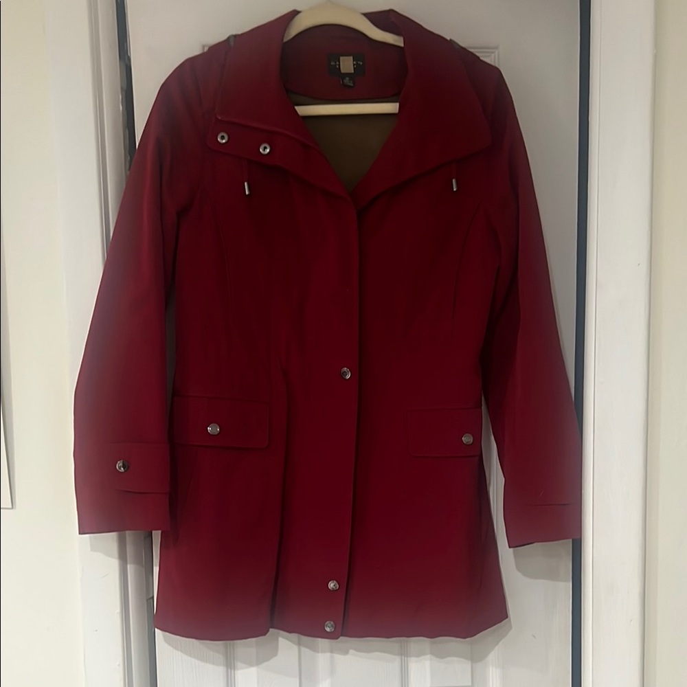 Red Trench RainCoat with Button Closure and Mid-Thigh Length size small